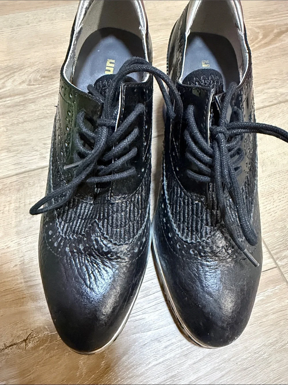 United Nude Black Lace-Up Purple Heeled Oxfords with Silver Trim 36